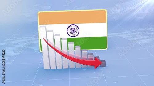 India Economic Crisis Concept with 3D Bar Graph, National Flag and Downward Red Arrow