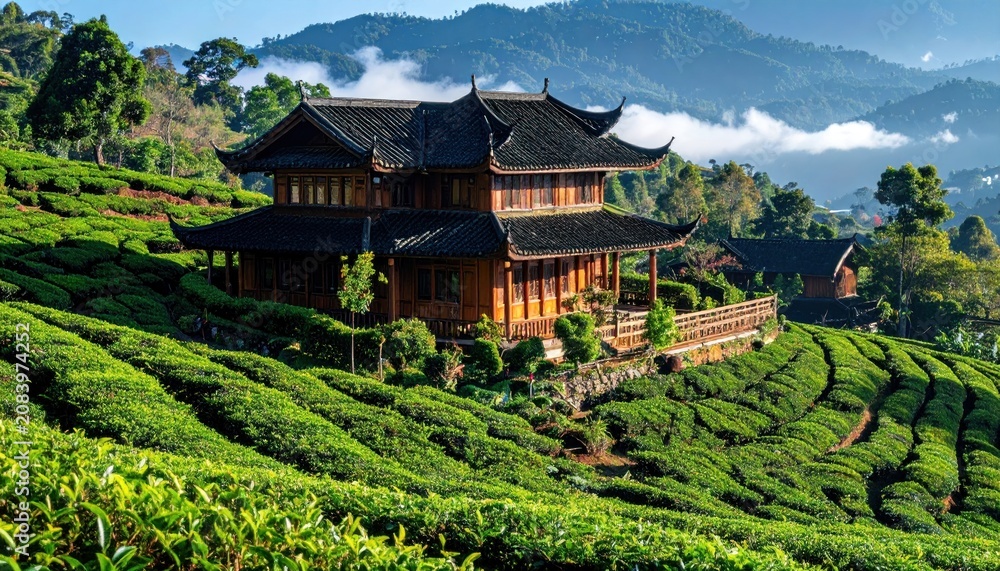 Fototapeta premium Traditional Asian house on tea plantation.
