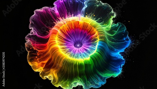 Vibrant Rainbow Ink Explosion Abstract Art on Black Background with Flowing Colorful Liquid
