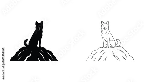 Tableau sur toile Dog Silhouette and Outline Sitting on a Rock with a Minimalist Style Concept