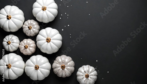 Array of white and sparkly pumpkins scattered on a dark background, autumn harvest, Halloween decoration, seasonal celebration