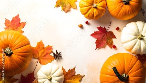 Autumn harvest arrangement with pumpkins, colorful fall leaves, and berries, perfect for Thanksgiving and seasonal themes