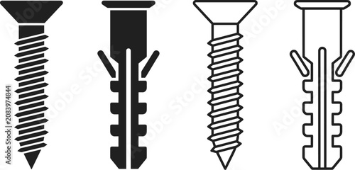 Tableau sur toile Screws and plastic wall dowel anchors icon vector set