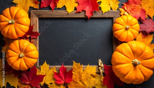 Autumn harvest pumpkins and colorful fall leaves arranged around a rustic wooden frame with a blank chalkboard in the center, Thanksgiving and Halloween decoration