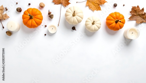 Autumnal flat lay with mini pumpkins, white candles, and fallen leaves, top view with copy space, seasonal decoration, harvest theme, Thanksgiving or Halloween