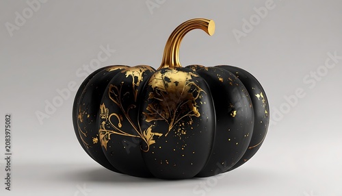 Black pumpkin with golden splatters and a metallic stem, isolated on a neutral background, luxury halloween decoration