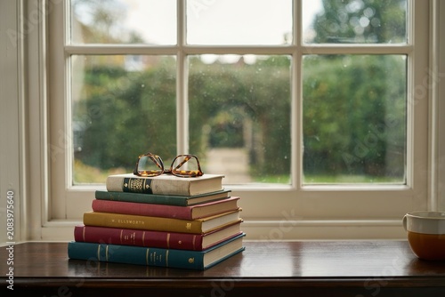 Stack of vintage books with eyeglasses resting on top by a window in natural light.