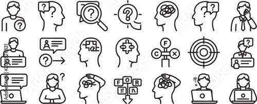 Fotografie Mind Question Icon Set with Human Silhouettes, Speech Bubbles, Magnifier, Target