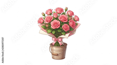 A beautiful bouquet of pink roses in a decorative pot.
