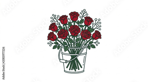 A beautiful bouquet of red roses in a metal bucket.