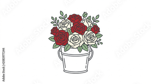 A beautiful bouquet of red and white roses in a simple bucket.
