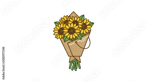 A beautiful bouquet of sunflowers wrapped in brown paper.