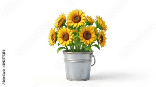 A bouquet of sunflowers in a rustic metal pot.