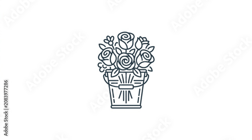 A simple line drawing of a bucket filled with roses and small flowers.