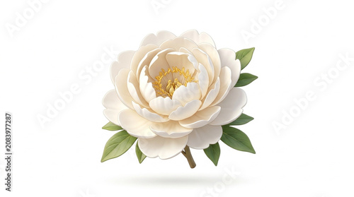 A delicate white peony flower with green leaves isolated on white.
