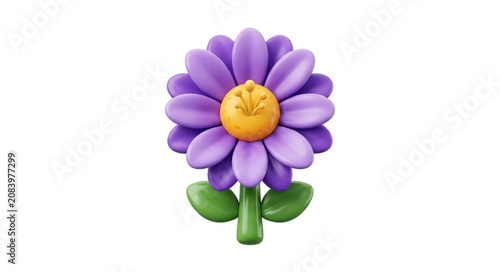 A single purple daisy flower with a yellow center and green leaves.