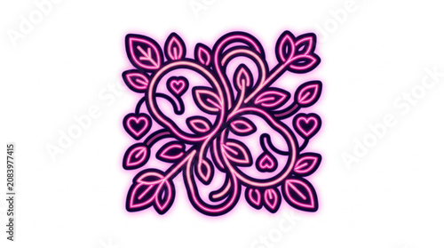 Abstract floral pattern with hearts and leaves in purple tones.