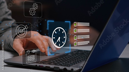 Clock and to do list interface, time management and productivity tools. planning, scheduling, and efficient business workflow solutions.

