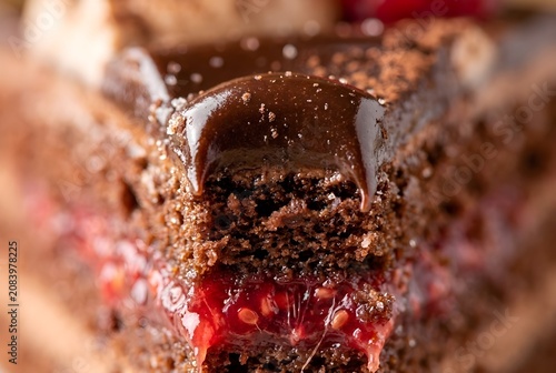 Close up of a decadent chocolate cake slice with glossy icing and red berry filling