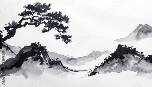 Sumi ink landscape painting with pine trees and mountain peaks