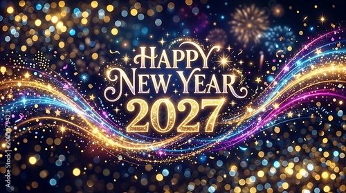 Happy new year 2027 poster with golden sparkling text and beautiful fireworks effect in night background.
