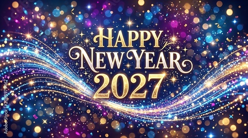 Happy new year 2027 celebration banner with golden numbers and glowing light trails and sparkles.