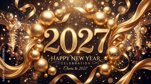 Luxury happy new year 2027 celebration design with golden ornaments.