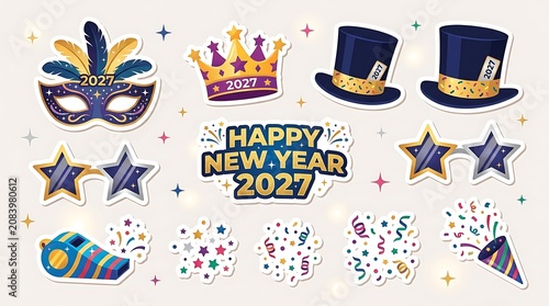 Happy new year 2027 festive celebration sticker collection with party items.