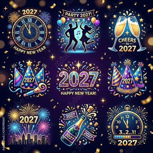 Happy new year 2027 celebration party elements collection with festive designs.