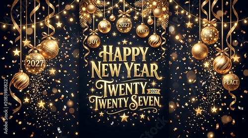 Happy new year 2027 luxury greeting card design with golden baubles and glowing confetti on dark background.