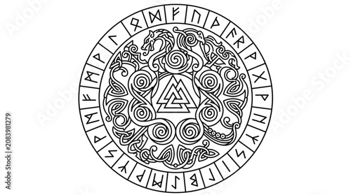 Schilderij op canvas Ancient Norse Rune Circle with Valhalla Symbol.