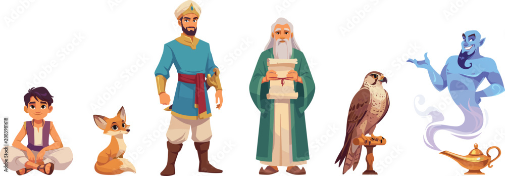 Obraz premium Arabian Nights Cartoon Character Set Featuring Aladdin, Sultan, Wise Sage, Magic Genie, Golden Lamp, Falcon, and Desert Fox Vectors