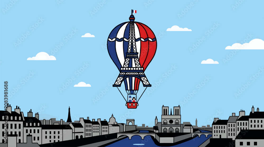 Obraz premium Flat Vector Illustration of Eiffel Tower Hot Air Balloon over Paris Skyline with Seine River and Notre Dame Cathedral, Blue Sky with Clouds, Red White Blue Balloon