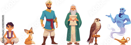 Arabian Nights Cartoon Character Set Featuring Aladdin, Sultan, Wise Sage, Magic Genie, Golden Lamp, Falcon, and Desert Fox Vectors