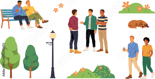 People in Park Character Set with Diverse Men Talking Sitting on Bench Walking and Sleeping Dog Vector Illustration