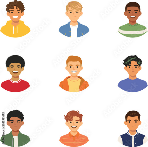 Diverse Young Men Avatar Profile Picture Icon Set Featuring Various Multiracial Characters with Different Hairstyles and Casual Clothing Vector Illustration