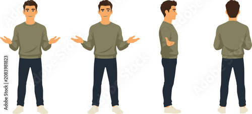Young Man Character Turnaround Set with Front Side Back Views and Shrugging Gestures for Animation and Video Game Design Vector Illustrations