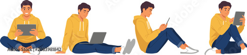 Young Man Character Set Sitting and Using Tech Devices Including Laptop Tablet and Smartphone for Remote Work Study and Education Vector Illustrations