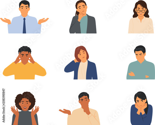 Diverse Corporate People Character Set with Negative Emotions Showing Stress Confusion Worry Anger Doubt and Frustration Vector Avatar Illustrations
