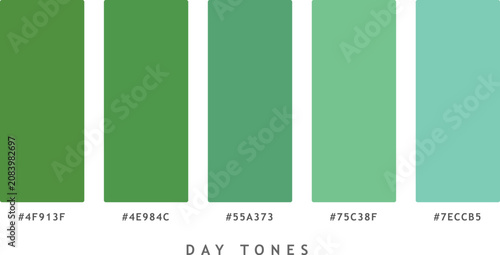 Cuadro en lienzo A day tones color palette displaying five harmonious shades of green, ranging from olive to light teal, great for fresh designs