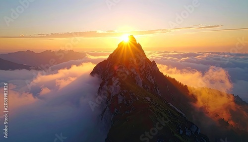 A majestic mountain peak piercing through clouds at sunrise.