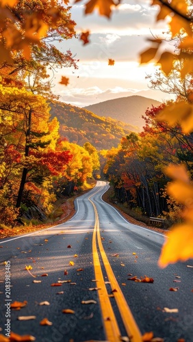 A winding road through a vibrant autumn forest bathed in golden sunlight.
