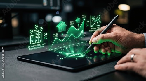 Business analytics and digital technology a close up of hands using a tablet with interactive graphs and data visualizations for commercial property estimation