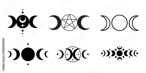 Schilderij op canvas Triple goddess moon phases and wiccan pentagram vector symbol set