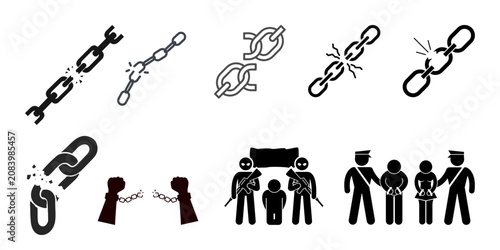 Freedom and human rights liberation icon set. Vector illustrations of broken metal chains, anti-slavery concepts, and citizens marching in peaceful protest with banners.