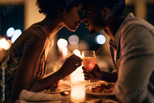 A young couple is relishing an intimate time during a romantic dinner at a restaurant