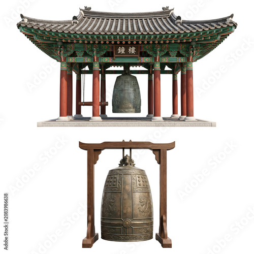 Korean Bell Pavilion With Traditional Temple Bell and Ornate Wooden Tiled Roof