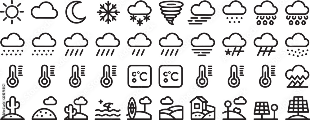 Fototapeta premium Weather Icons Set with Sun Moon Cloud Rain Snow Wind Tornado Temperature and Air Pressure Indicators