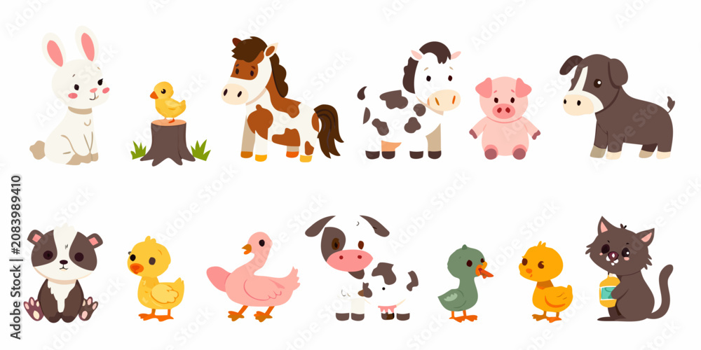 Fototapeta premium Farm animals vector illustration with flat colors and white background
