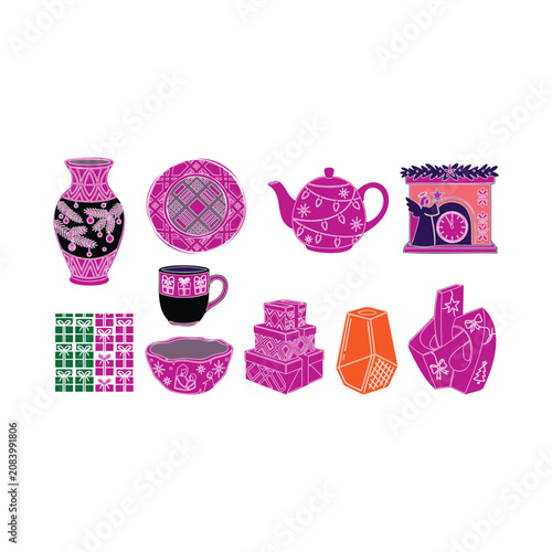 Colorful Holiday Themed Ceramic Decor Set with Gift Boxes and Vase